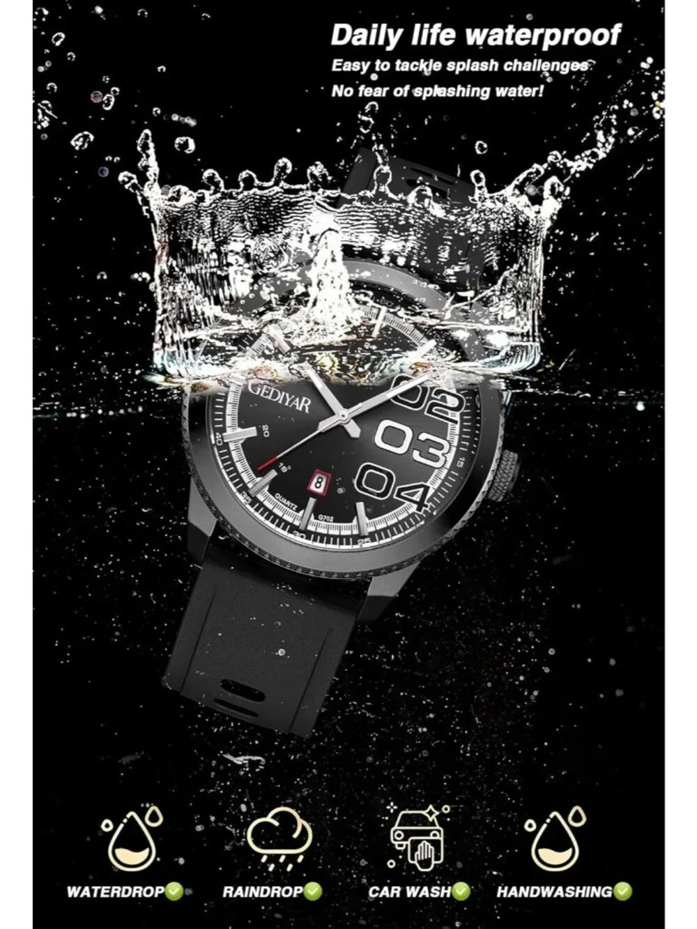 Men's Black Analog Quartz Silicone Band Waterproof Luminous Sport Wrist Watch